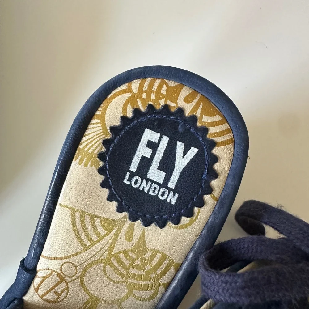 Fly London Ypul Wedge Sandals Navy Blue Perforated Suede Peep Toe size 38